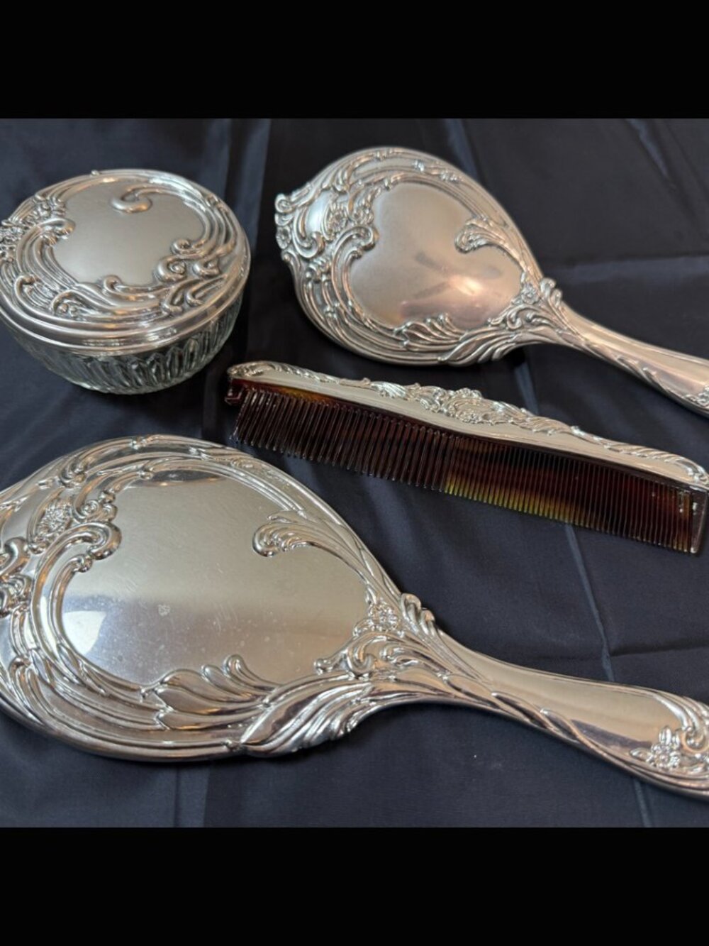 1960s International Silver Vanity Set – MCM Mirror, Brush, Comb, Powder Jar